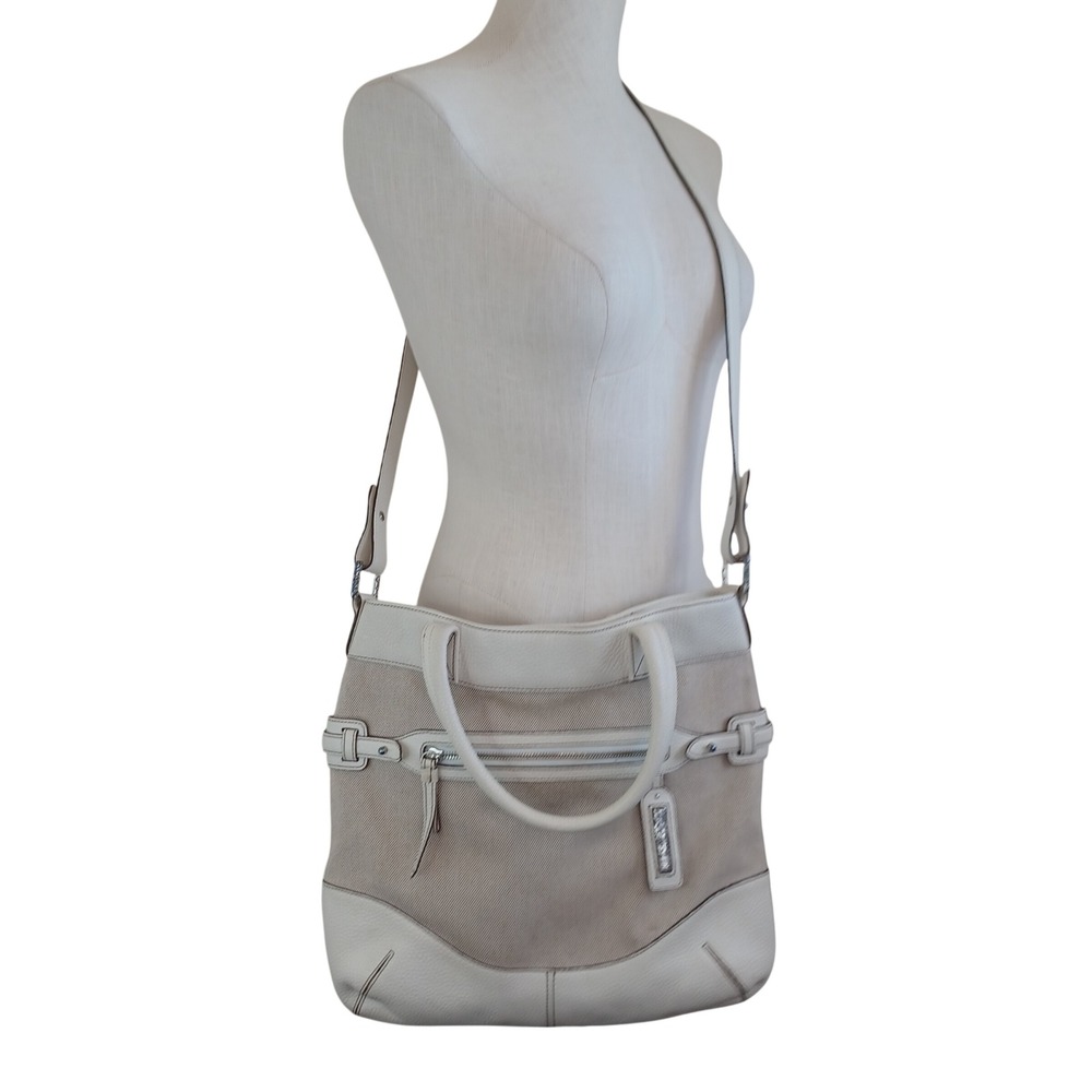 Brighton White Pebbled Leather Beige Canvas Crossbody Tote Bag Large